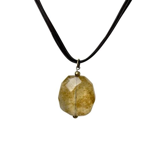 Talbots Necklace Yellow Faceted Pendant Translucent Glass Brown Cord MultiStrand - Picture 1 of 5